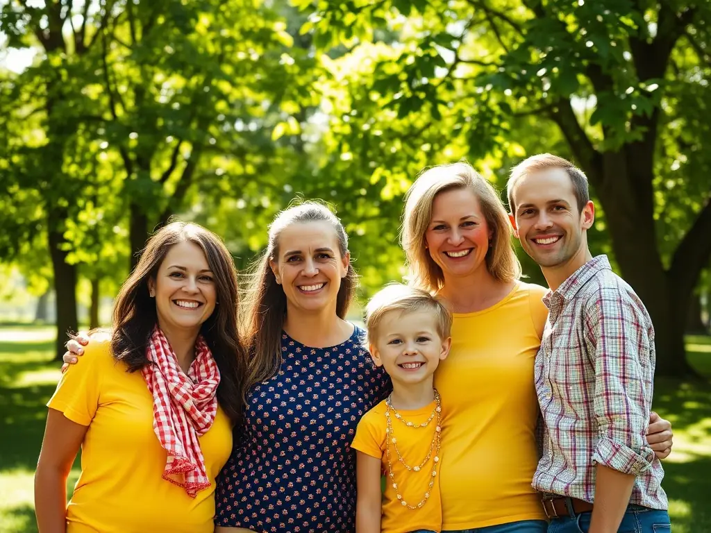 A heartwarming image of a family of four, smiling and holding hands while walking through a sunny park. The scene should convey a sense of security, love, and togetherness, with soft, natural lighting and a vibrant color palette.