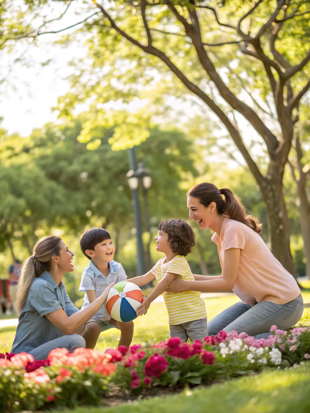 A happy family enjoying outdoor activities, representing the comprehensive coverage of our family insurance packages, with a sunny park setting.