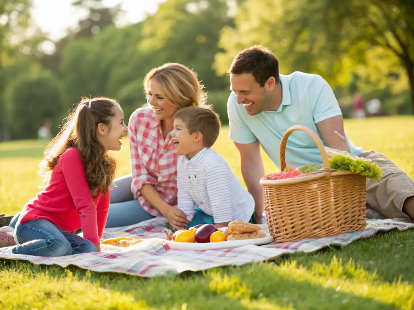 A cheerful image of a family enjoying a picnic in a park, with a red and white checkered blanket, a basket full of food, and children playing in the background. The scene should evoke feelings of happiness, health, and family bonding, with bright, sunny lighting.