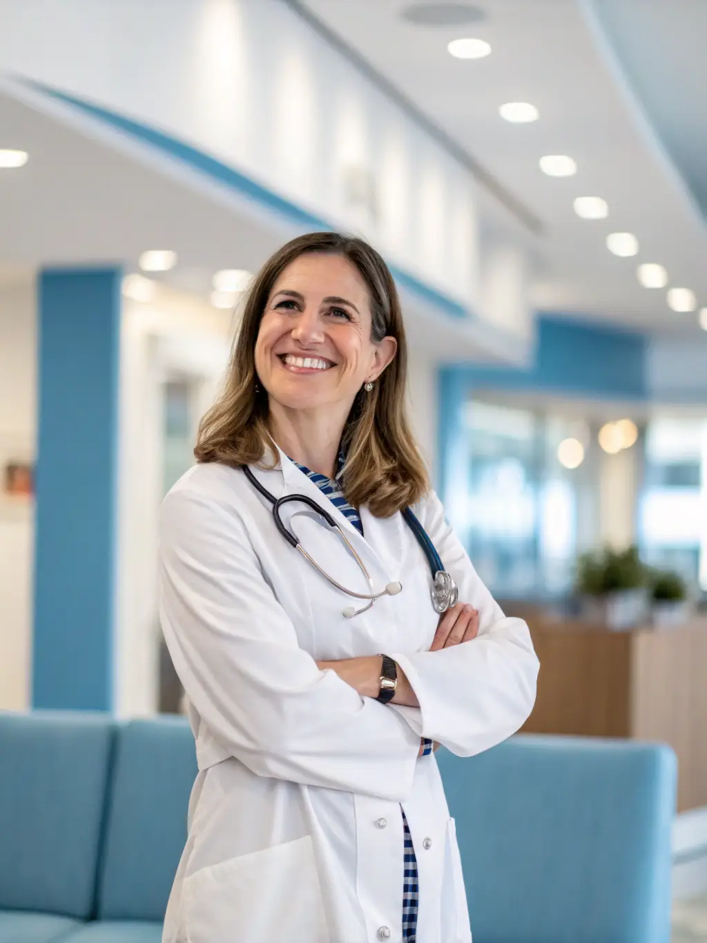 A healthcare professional in a white coat holding a clipboard, standing in a modern clinic setting. The background features medical equipment and a friendly environment, emphasizing health and wellness. This image represents the WellCare Basic Health Plan.